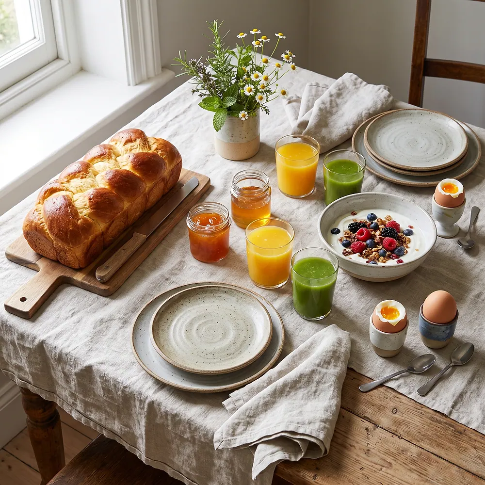 Frühstückstafel mit Brioche, Säften, Beeren und frischen Kräutern (KI-generiertes Symbolbild)