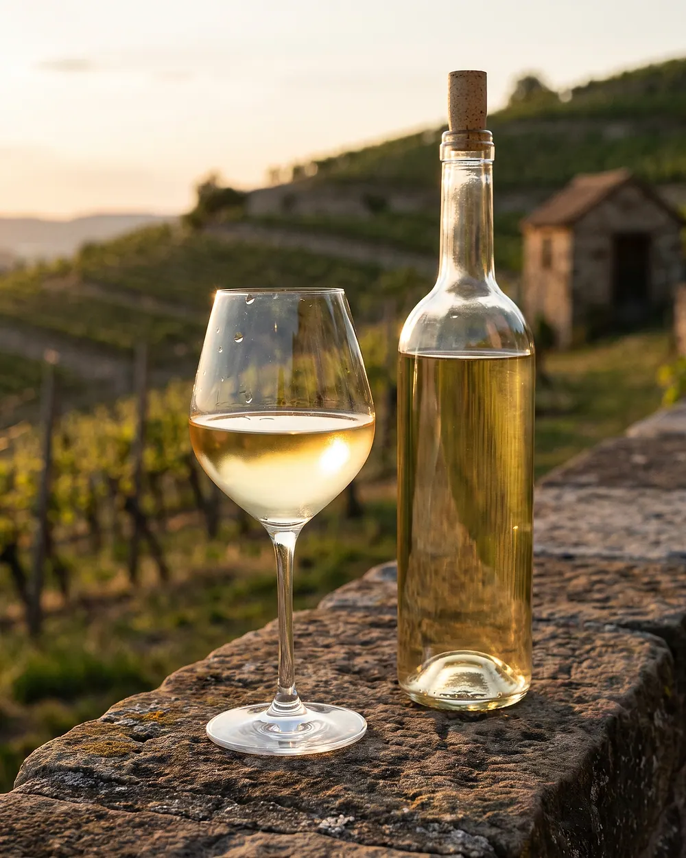 Ein Glas Weißwein auf einer Sandsteinmauer vor Rebterrassen im Abendlicht (KI-generiertes Symbolbild)