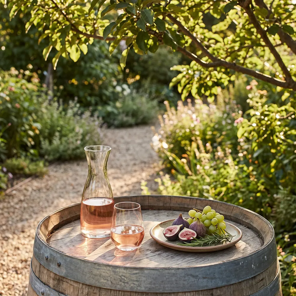 Roséwein in Karaffe und Glas mit Feigen und Trauben auf einem Weinfass im Garten (KI-generiertes Symbolbild)