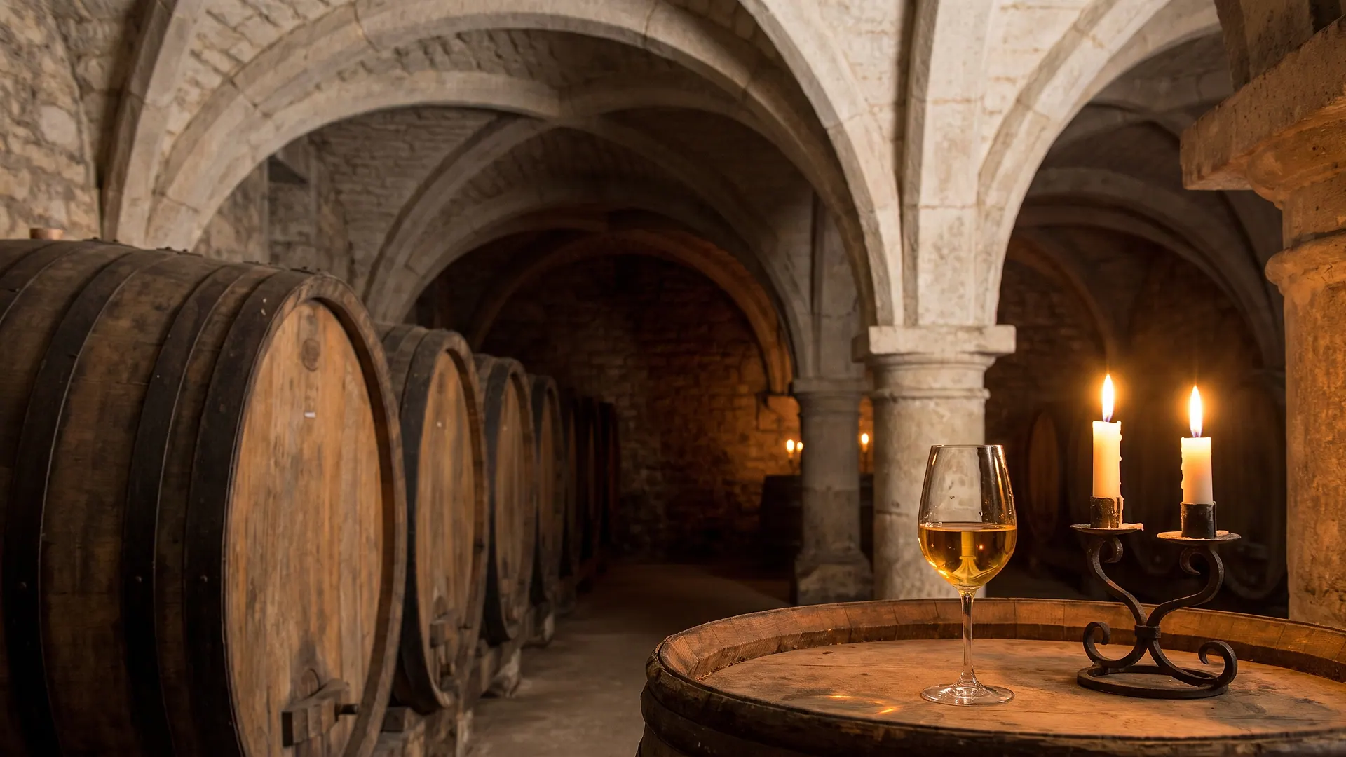 Kerzenlicht und ein Glas Weißwein im Kreuzgewölbe eines Weinkellers mit Eichenfässern (KI-generiertes Symbolbild)